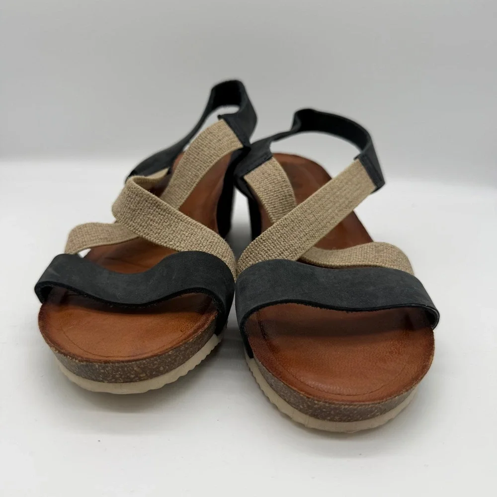 Bio Bio Leather Fabric Wedge Sandals Black Tan Strappy Cork 8 BIO 201-77634